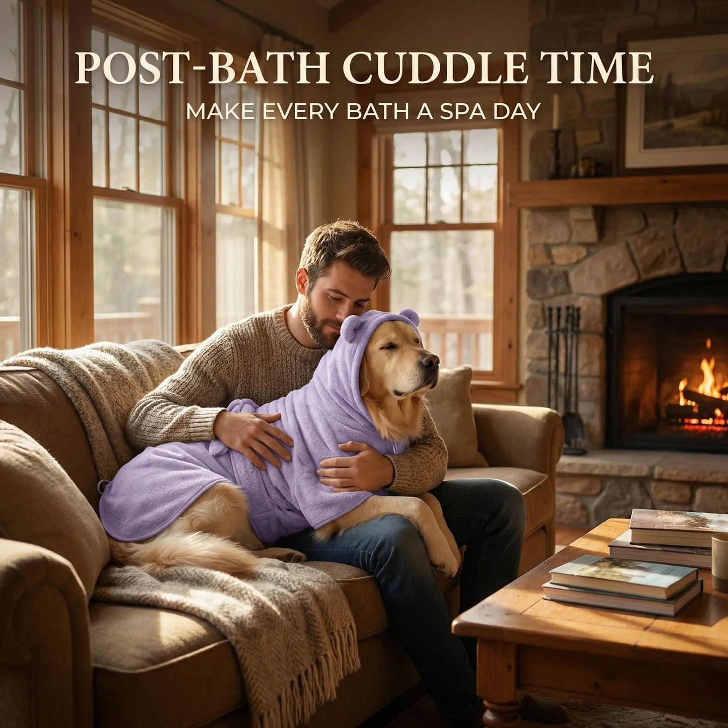 Koogal Quick-Drying Ultra Absorbent Polyester Dog Bathrobe Towel with Adjustable Waistband and Bear Ear Hood - Suitable for Dogs 6-115 lbs, Ideal for Post-Bath Grooming, Includes Silicone Brush