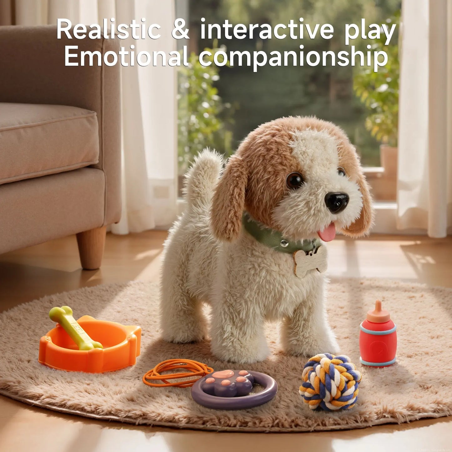 TUMAMA Interactive Realistic Puppy Toy - Walking and Barking Plush Dog with Leash, 6 Songs, Touch and Voice Activation, DIY Feeding Set for Imaginative Play and Emotional Development