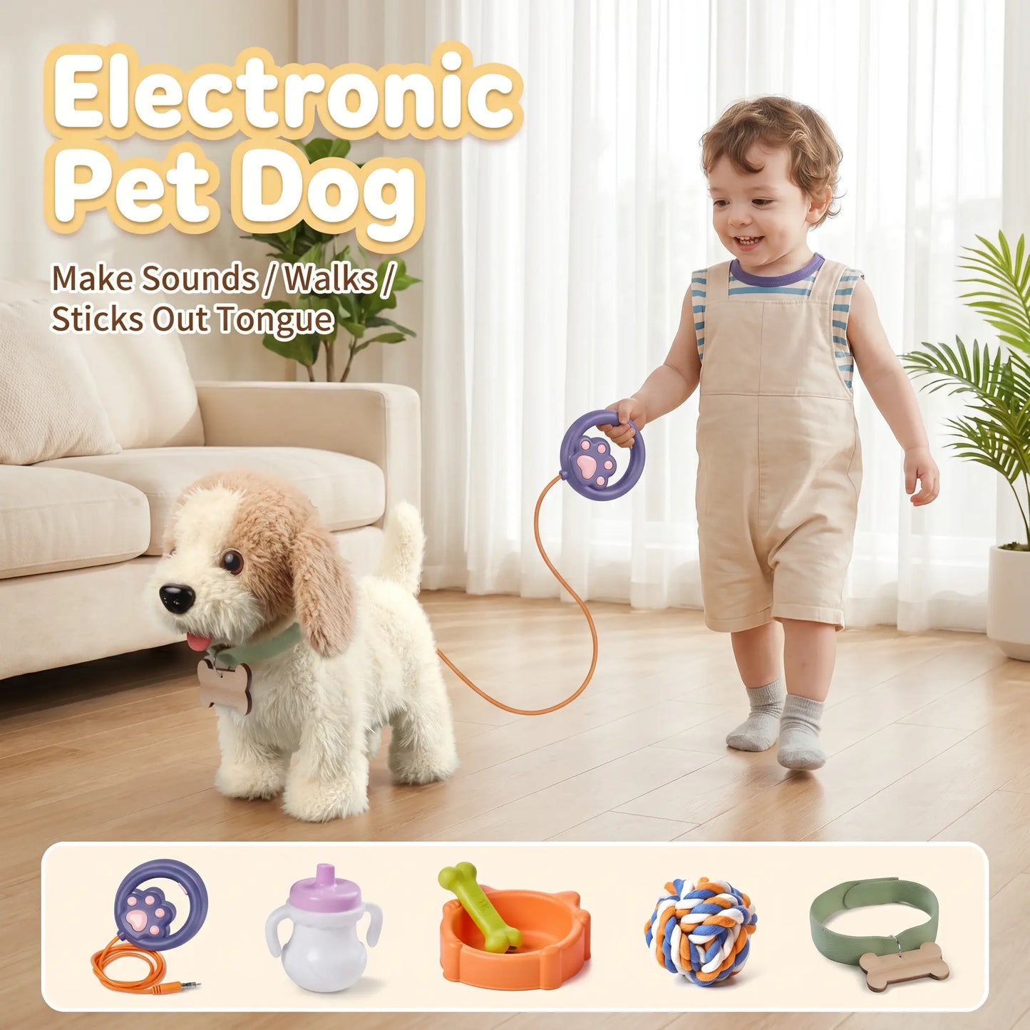 TUMAMA Interactive Realistic Puppy Toy - Walking and Barking Plush Dog with Leash, 6 Songs, Touch and Voice Activation, DIY Feeding Set for Imaginative Play and Emotional Development