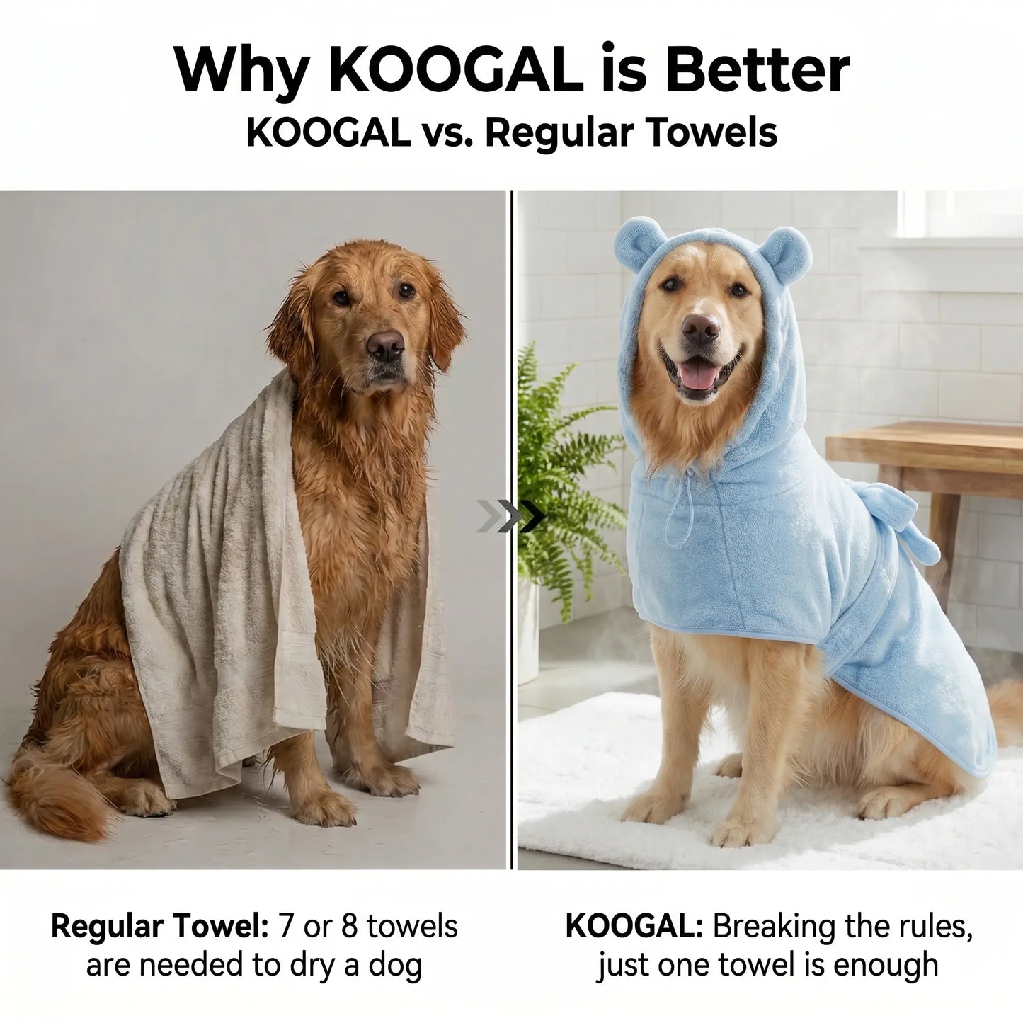 Koogal Quick-Drying Ultra Absorbent Polyester Dog Bathrobe Towel with Adjustable Waistband and Bear Ear Hood - Suitable for Dogs 6-115 lbs, Ideal for Post-Bath Grooming, Includes Silicone Brush