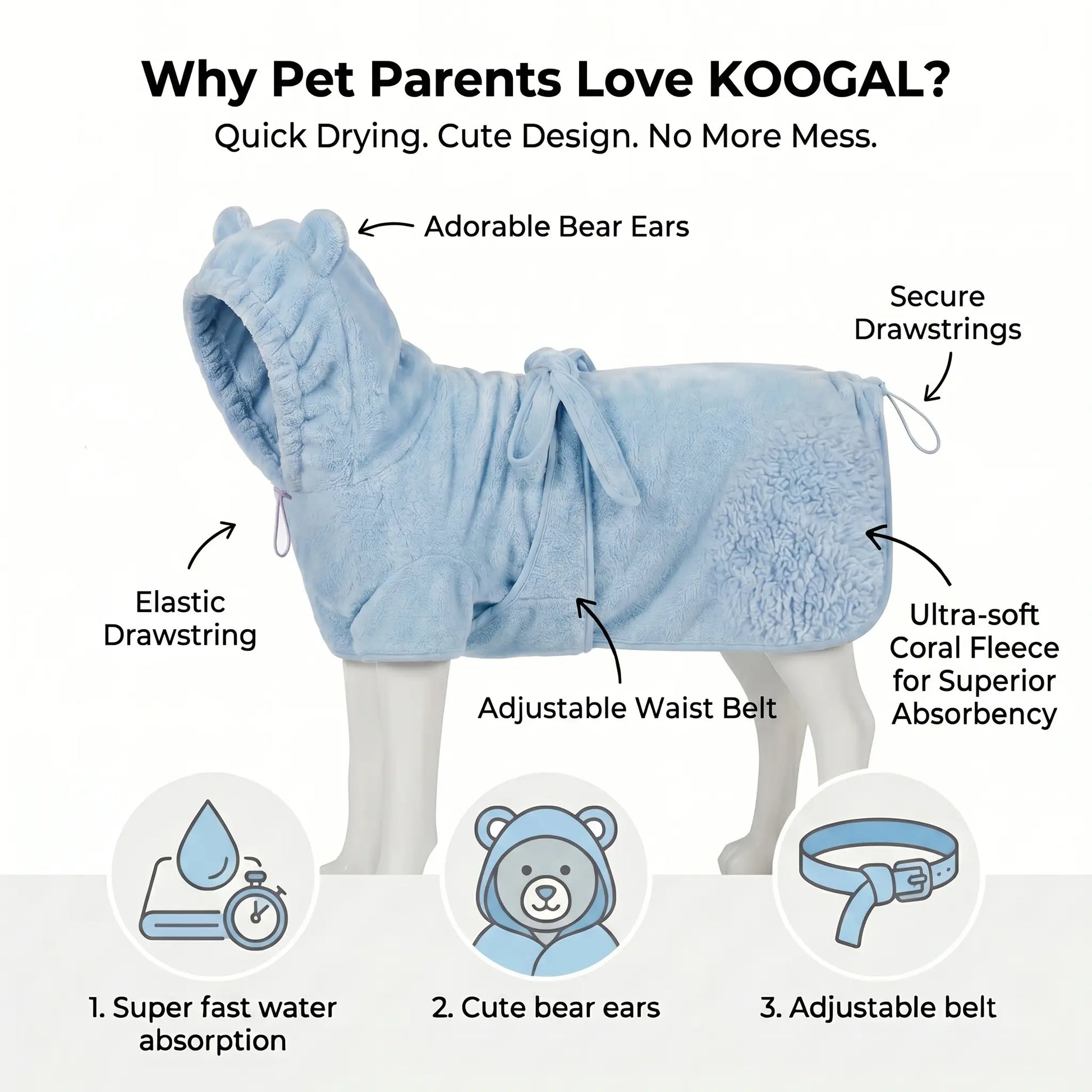 Koogal Quick-Drying Ultra Absorbent Polyester Dog Bathrobe Towel with Adjustable Waistband and Bear Ear Hood - Suitable for Dogs 6-115 lbs, Ideal for Post-Bath Grooming, Includes Silicone Brush