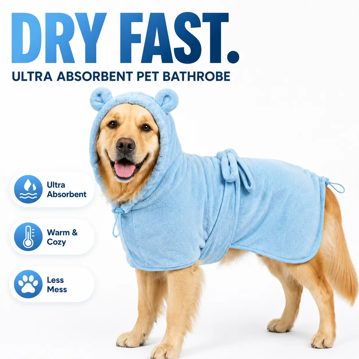 Koogal Quick-Drying Ultra Absorbent Polyester Dog Bathrobe Towel with Adjustable Waistband and Bear Ear Hood - Suitable for Dogs 6-115 lbs, Ideal for Post-Bath Grooming, Includes Silicone Brush