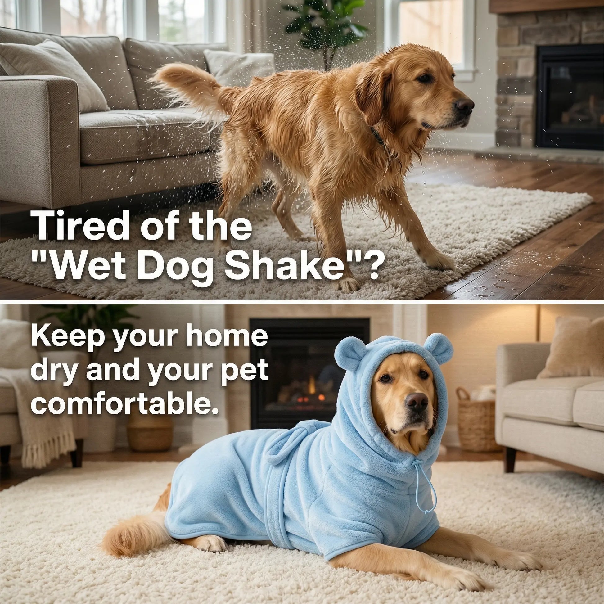 Koogal Quick-Drying Ultra Absorbent Polyester Dog Bathrobe Towel with Adjustable Waistband and Bear Ear Hood - Suitable for Dogs 6-115 lbs, Ideal for Post-Bath Grooming, Includes Silicone Brush