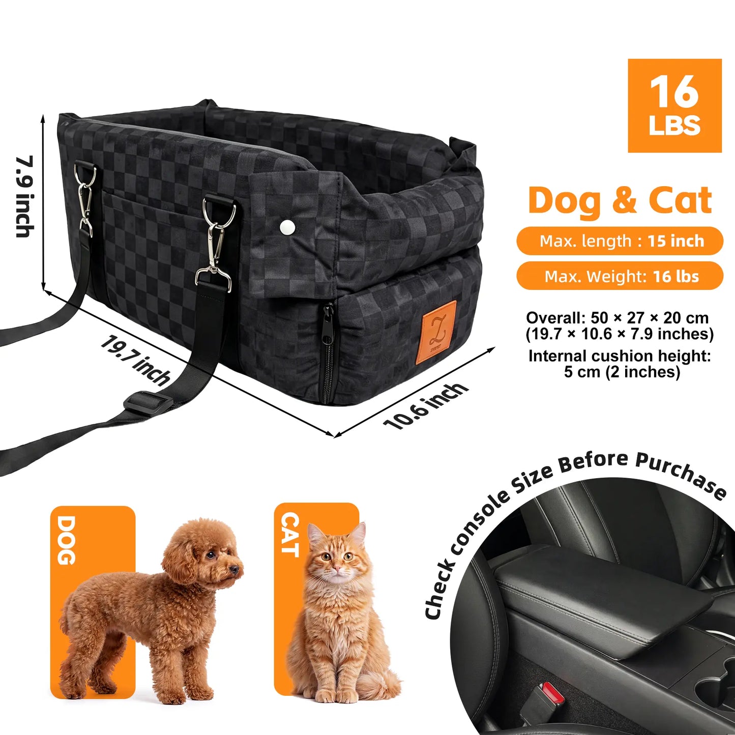 Zvrpet 2-in-1 Console Pet Car Seat and Carrier for Small Dogs and Cats (Up to 16 lbs) - Portable Booster with Anti-Collapse Design, Washable Cushion, Adjustable Padded Shoulder Strap, and Crossbody Bag Features