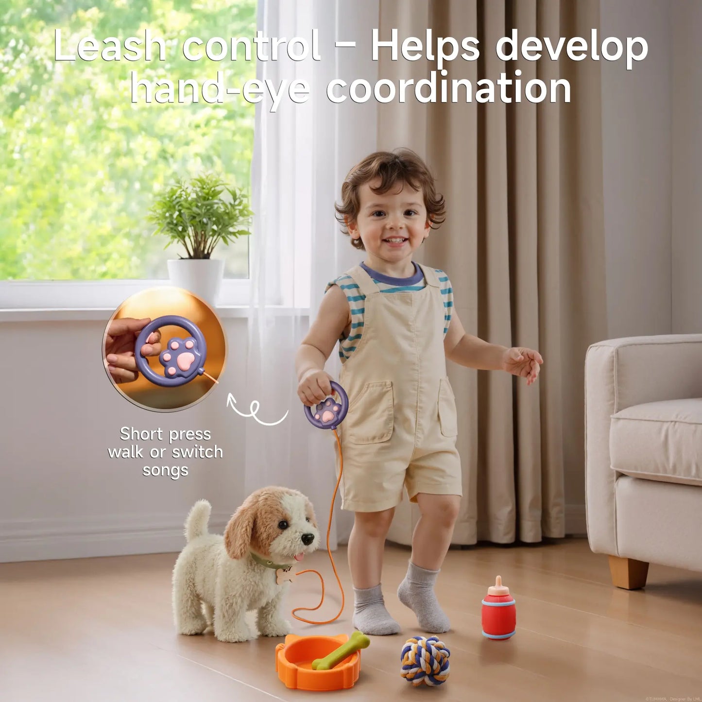 TUMAMA Interactive Realistic Puppy Toy - Walking and Barking Plush Dog with Leash, 6 Songs, Touch and Voice Activation, DIY Feeding Set for Imaginative Play and Emotional Development
