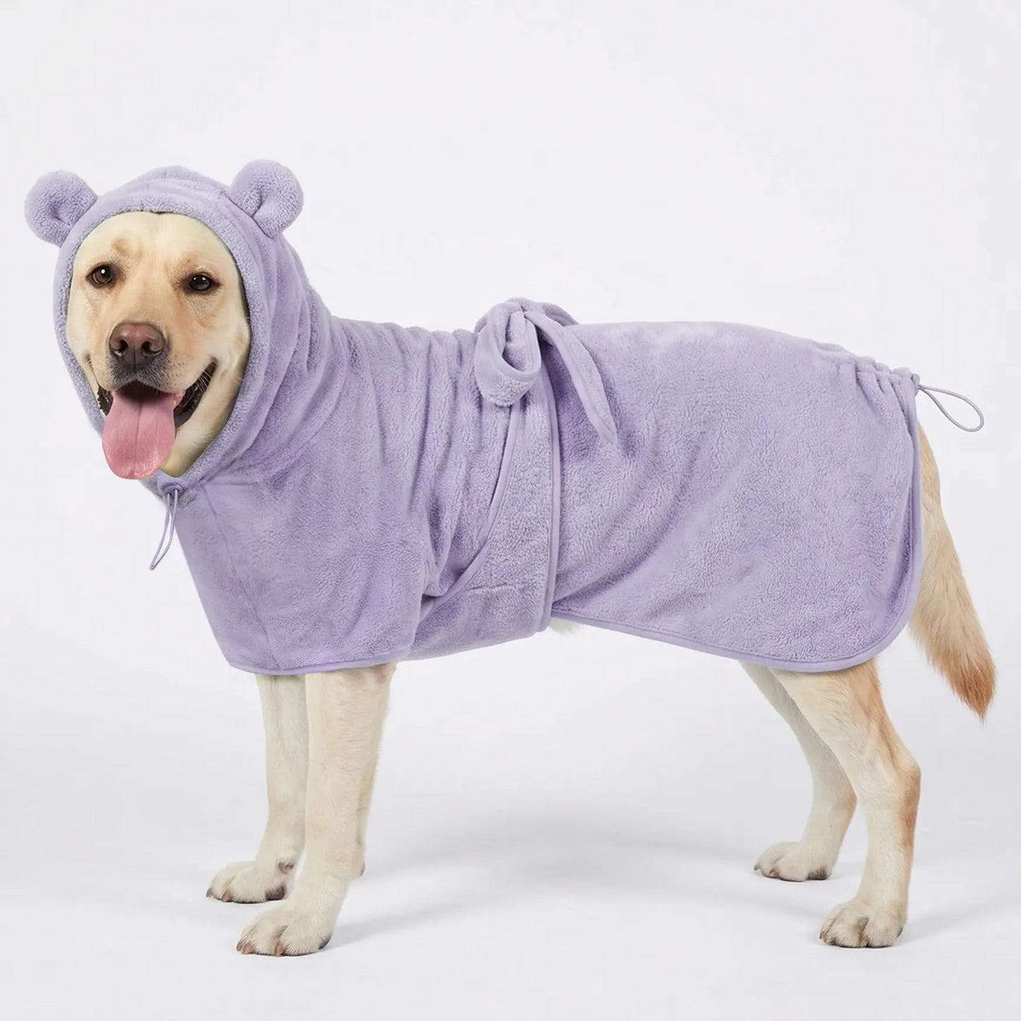 Koogal Quick-Drying Ultra Absorbent Polyester Dog Bathrobe Towel with Adjustable Waistband and Bear Ear Hood - Suitable for Dogs 6-115 lbs, Ideal for Post-Bath Grooming, Includes Silicone Brush