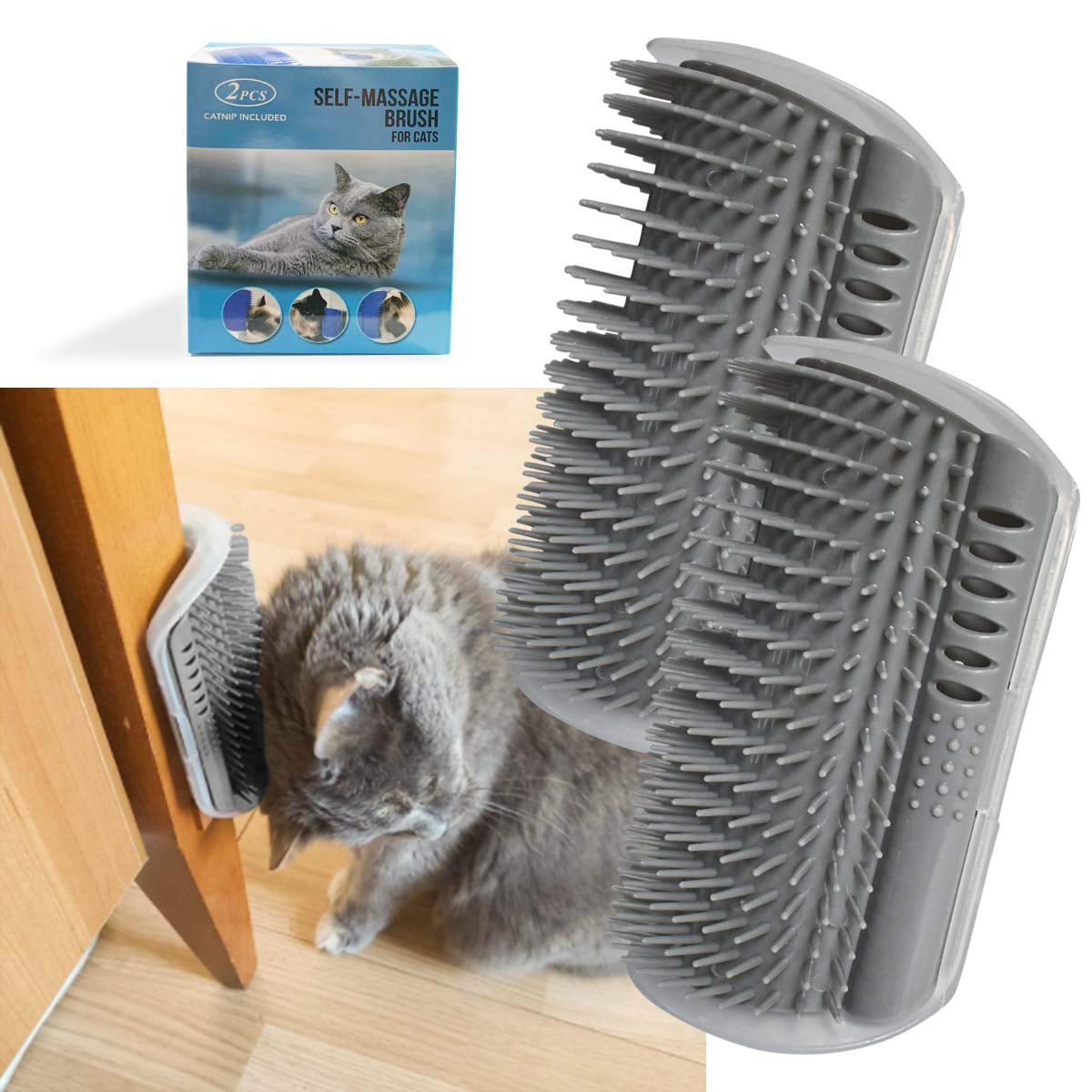 Softer Self-Grooming Tool Set with Catnip Wall Corner Massage Comb and Scratcher for Cats and Dogs, Suitable for Long and Short Fur (Gray, 2 Pack)