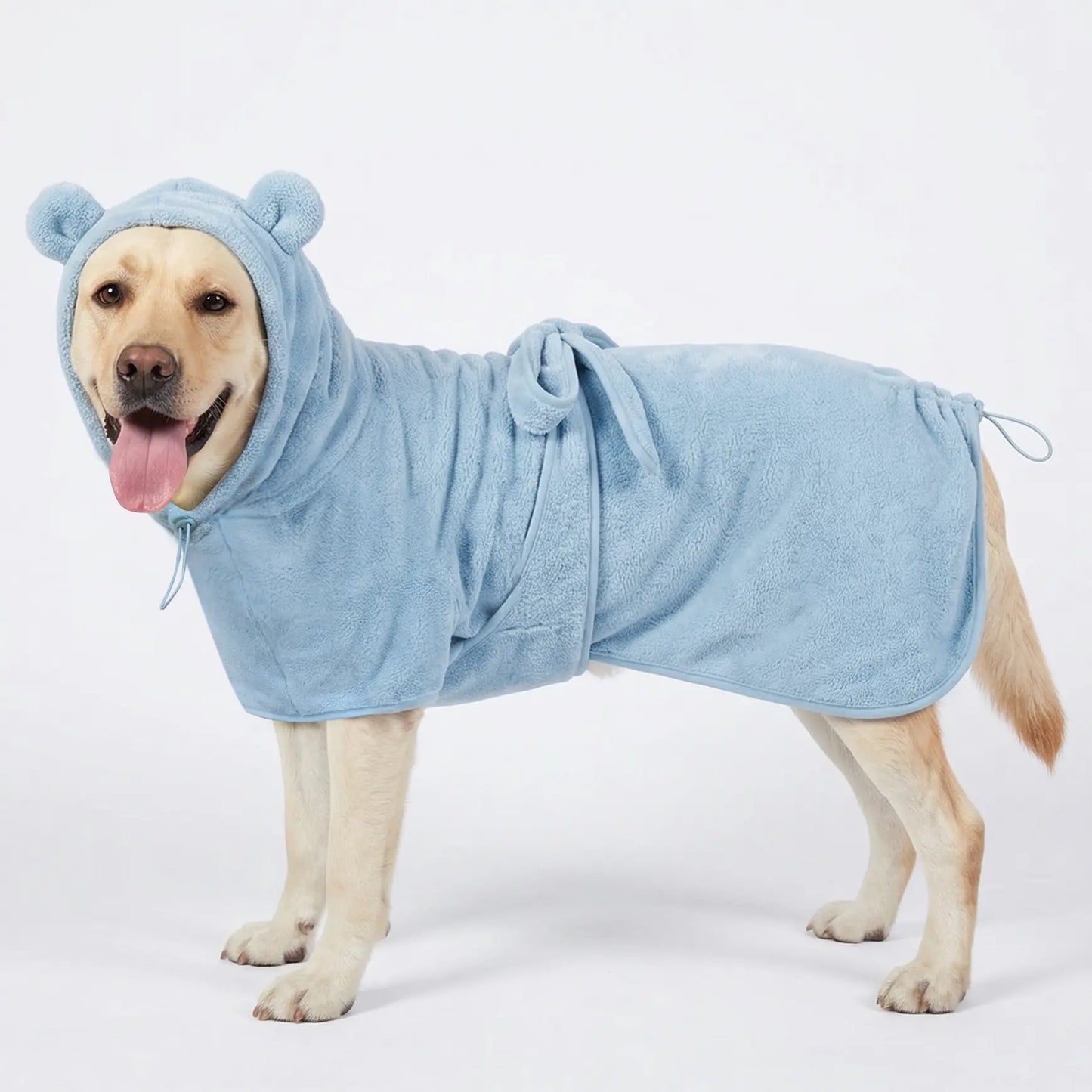 Koogal Quick-Drying Ultra Absorbent Polyester Dog Bathrobe Towel with Adjustable Waistband and Bear Ear Hood - Suitable for Dogs 6-115 lbs, Ideal for Post-Bath Grooming, Includes Silicone Brush