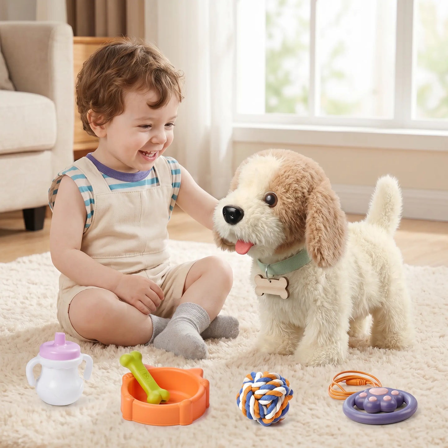 TUMAMA Interactive Realistic Puppy Toy - Walking and Barking Plush Dog with Leash, 6 Songs, Touch and Voice Activation, DIY Feeding Set for Imaginative Play and Emotional Development